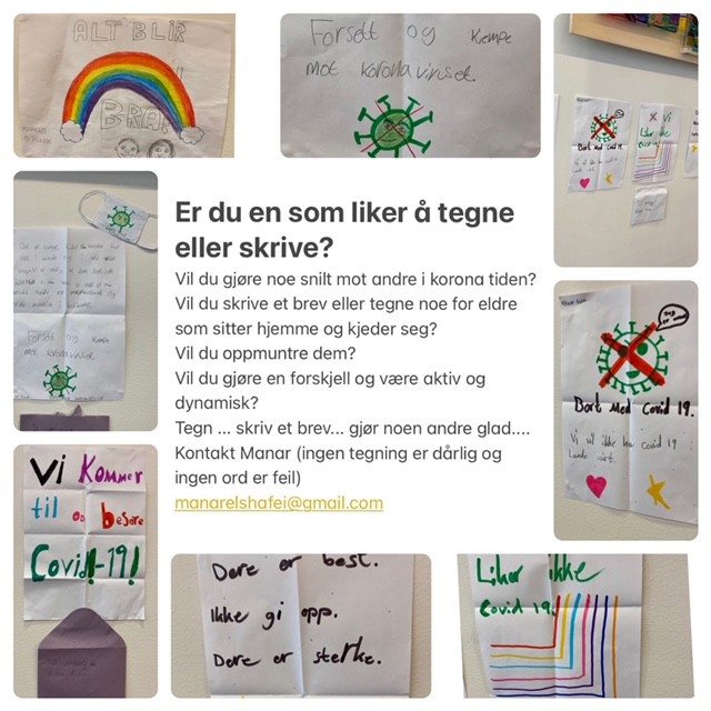 Oppfordring til å skrive brev eller tegne til de eldre, omkranset i innsendte tegninger.e Oppfordring til å skrive brev eller tegne til de eldre, omkranset i innsendte tegninger.e
